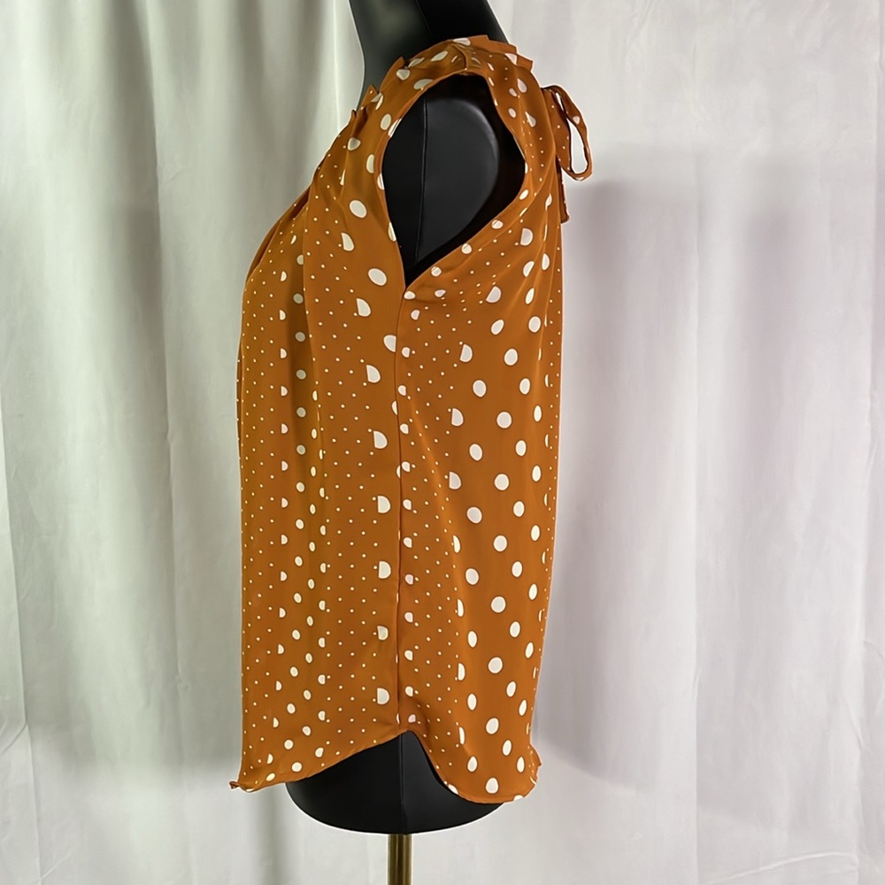 NWT LC Lauren Conrad Burnt Orange Polka Dot Print Pleat Neck Blouse - Picture 2 of 16